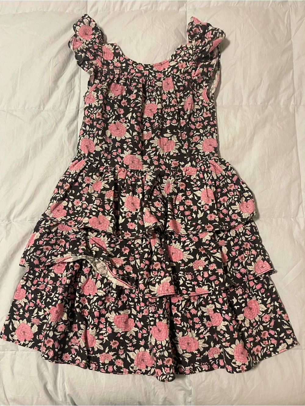 LoveShackFancy Black Dress with Pink Floral Ruffles